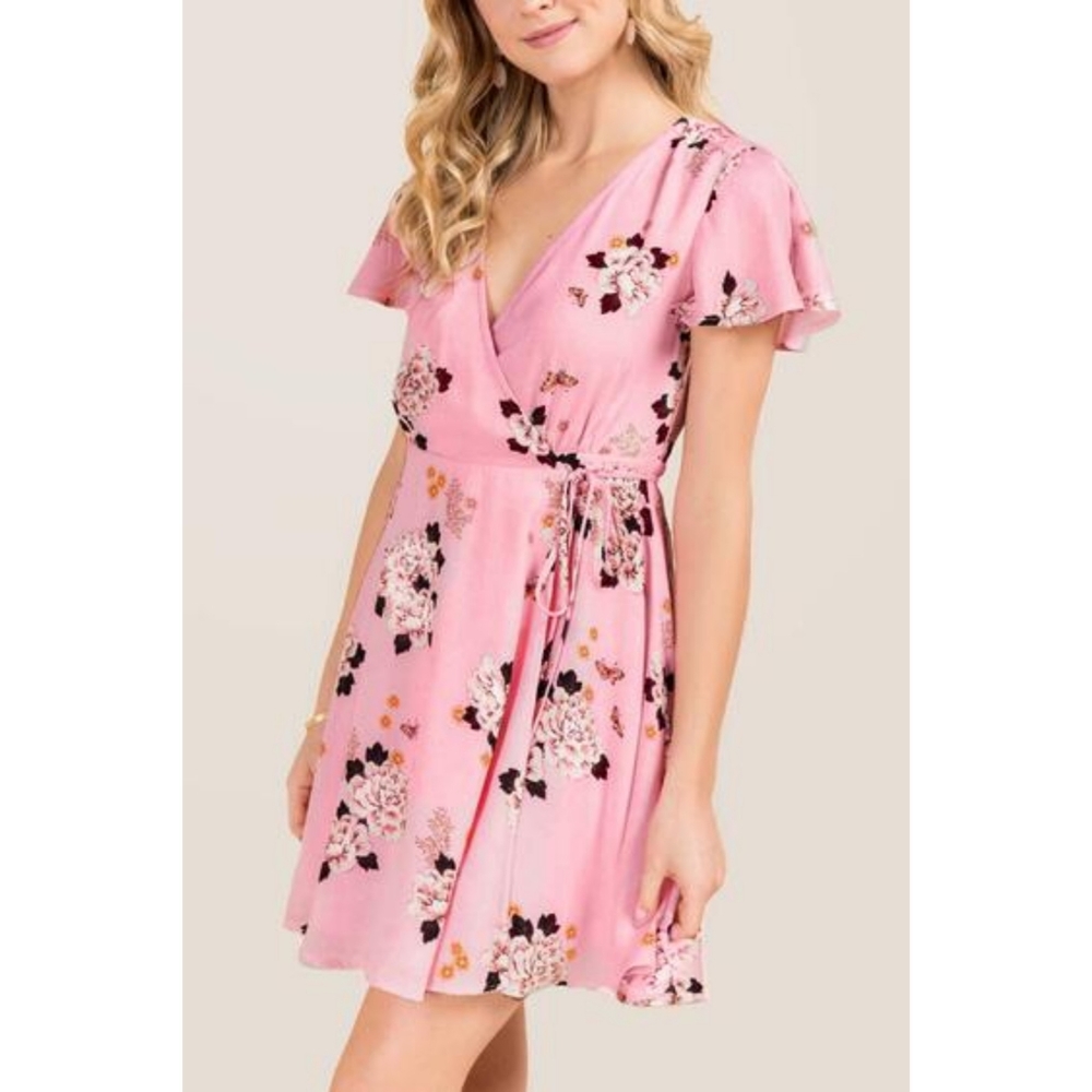 Blue Rain Pink Floral Wrap Dress Sash Tied Medium Barbiecore